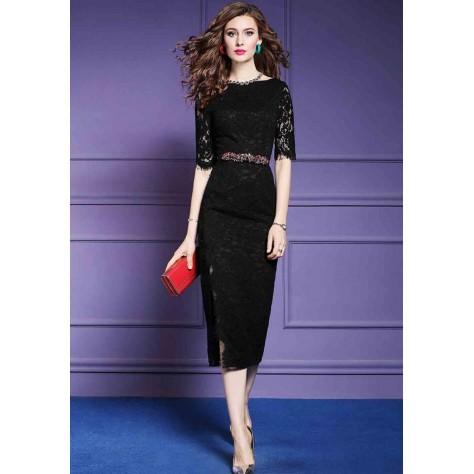 L321 Custom Made to order Lace Half Sleeve Lace Slit Cocktail Wrap Dress Regular Size XS S M L XL & Plus size 1x-10x (SZ16-52)