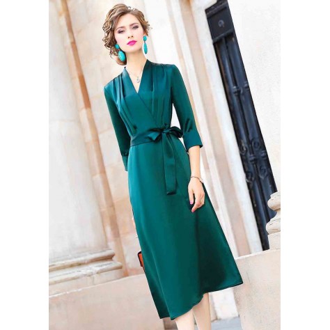 L323 Custom Made to order Satin 3/4 Sleeve V-Neck Satin Tie-Waist Midi Dress Regular Size XS S M L XL & Plus size 1x-10x (SZ16-52)