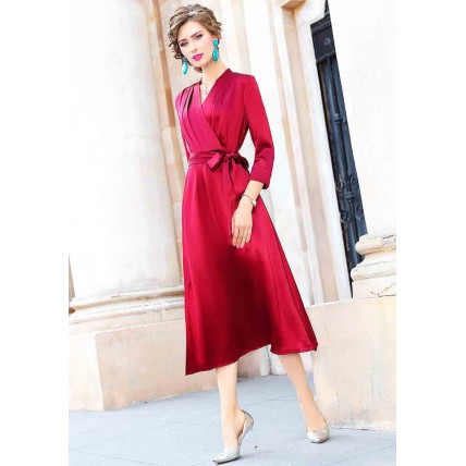 L323 Custom Made to order Satin 3/4 Sleeve V-Neck Satin Tie-Waist Midi Dress Regular Size XS S M L XL & Plus size 1x-10x (SZ16-52)