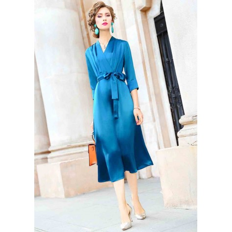 L323 Custom Made to order Satin 3/4 Sleeve V-Neck Satin Tie-Waist Midi Dress Regular Size XS S M L XL & Plus size 1x-10x (SZ16-52)