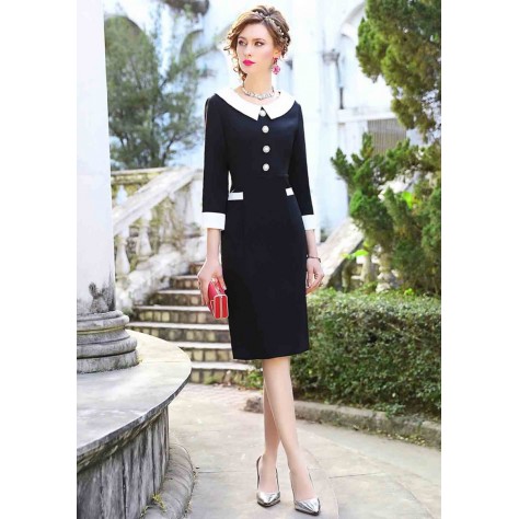 L324 Custom Made to order Cotton Blend Spandex 3/4 Sleeve Crew Neck Slim Sheath Daily Dress Regular Size XS S M L XL & Plus size 1x-10x (SZ16-52)