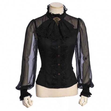 L334 Custom Made To Order Chiffon/Lace Retro Stand Neck Gothic Lolita Slim Blouse Regular Size XS S M L XL & Plus size 1x-10x (SZ16-52)