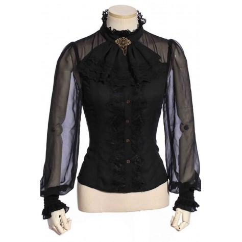 L334 Custom Made To Order Chiffon/Lace Retro Stand Neck Gothic Lolita Slim Blouse Regular Size XS S M L XL & Plus size 1x-10x (SZ16-52)