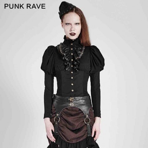 L335 Custom Made To Order Cotton spandex poplin Victorian Gothic Puff Sleeve Lace Up Shirt Regular Size XS S M L XL & Plus size 1x-10x (SZ16-52)