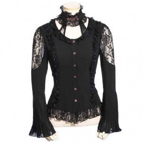 L336 Custom Made To Order Polyester/Lace High Neck Bell Sleeve Ruffle Lace up Shirts Regular Size XS S M L XL & Plus size 1x-10x (SZ16-52)