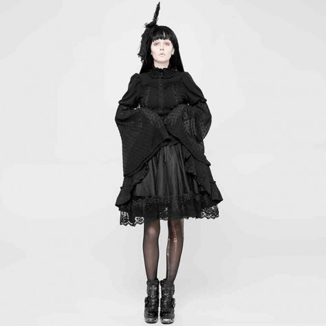 L339 Custom Made To Order Polyester Gothic Punk Lolita Bell Sleeve Ruffle Stand Collar Shirt Regular Size XS S M L XL & Plus size 1x-10x (SZ16-52)