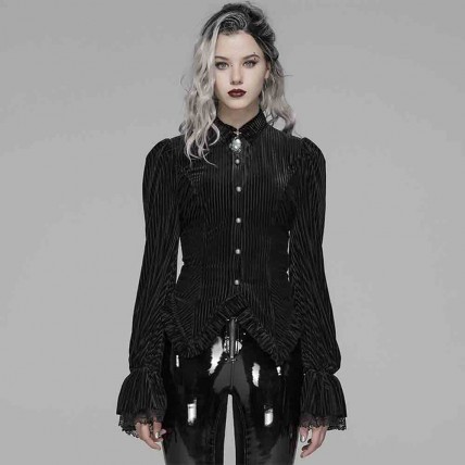 L340 Custom Made To Order Polyester Gothic Punk Striped Velvet Lace Up Slim Blouse Regular Size XS S M L XL & Plus size 1x-10x (SZ16-52)