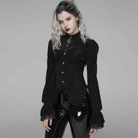 L340 Custom Made To Order Polyester Gothic Punk Striped Velvet Lace Up Slim Blouse Regular Size XS S M L XL & Plus size 1x-10x (SZ16-52)