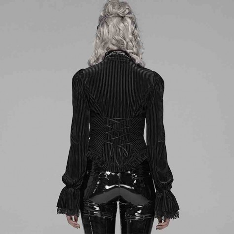 L340 Custom Made To Order Polyester Gothic Punk Striped Velvet Lace Up Slim Blouse Regular Size XS S M L XL & Plus size 1x-10x (SZ16-52)