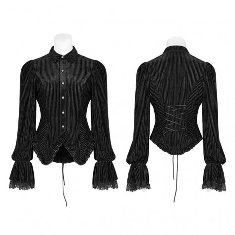 L340 Custom Made To Order Polyester Gothic Punk Striped Velvet Lace Up Slim Blouse Regular Size XS S M L XL & Plus size 1x-10x (SZ16-52)