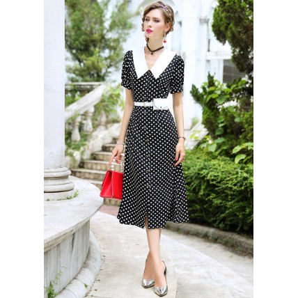 L343 Custom Made to order Polyester Black Polka Dot Chiffon Party Midi Dress Regular Size XS S M L XL & Plus size 1x-10x (SZ16-52)