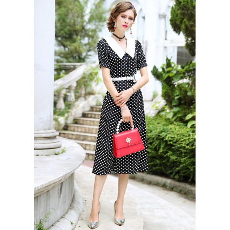 L343 Custom Made to order Polyester Black Polka Dot Chiffon Party Midi Dress Regular Size XS S M L XL & Plus size 1x-10x (SZ16-52)