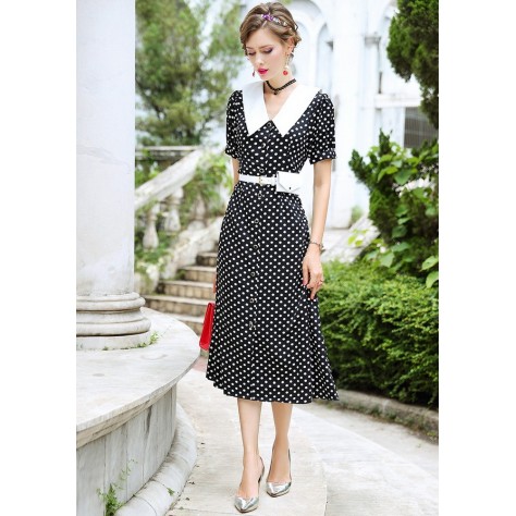 L343 Custom Made to order Polyester Black Polka Dot Chiffon Party Midi Dress Regular Size XS S M L XL & Plus size 1x-10x (SZ16-52)