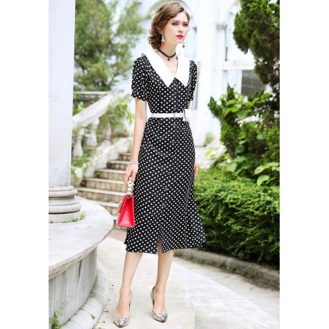 L343 Custom Made to order Polyester Black Polka Dot Chiffon Party Midi Dress Regular Size XS S M L XL & Plus size 1x-10x (SZ16-52)