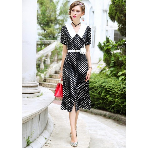 L343 Custom Made to order Polyester Black Polka Dot Chiffon Party Midi Dress Regular Size XS S M L XL & Plus size 1x-10x (SZ16-52)