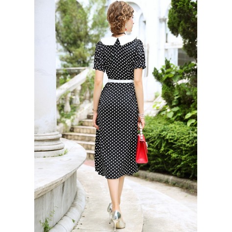 L343 Custom Made to order Polyester Black Polka Dot Chiffon Party Midi Dress Regular Size XS S M L XL & Plus size 1x-10x (SZ16-52)