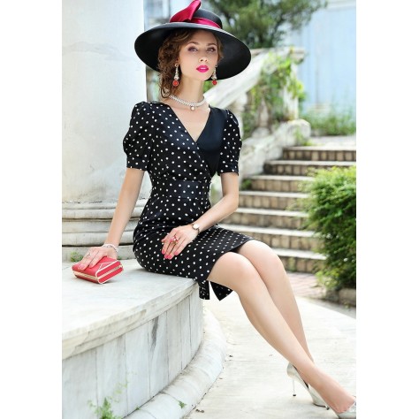 L346 Custom Made to order Polyester Puff Sleeve Polka Dot Satin Hip Wrap Dress Regular Size XS S M L XL & Plus size 1x-10x (SZ16-52)