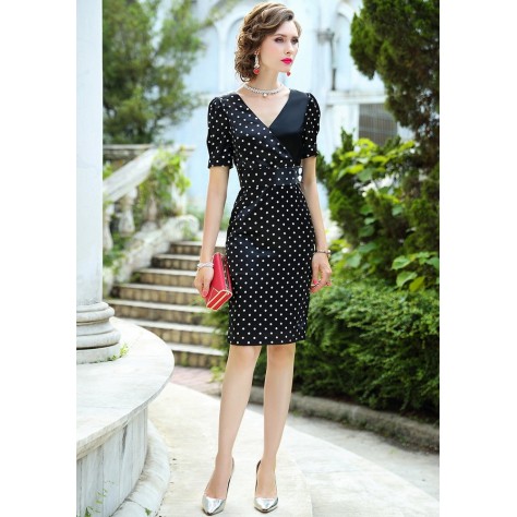 L346 Custom Made to order Polyester Puff Sleeve Polka Dot Satin Hip Wrap Dress Regular Size XS S M L XL & Plus size 1x-10x (SZ16-52)