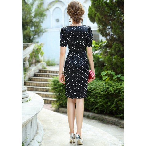 L346 Custom Made to order Polyester Puff Sleeve Polka Dot Satin Hip Wrap Dress Regular Size XS S M L XL & Plus size 1x-10x (SZ16-52)