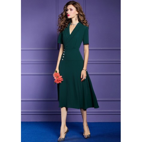 L350 Custom Made to order Polyester Short Sleeve High Waist A-Line Midi Dress Regular Size XS S M L XL & Plus size 1x-10x (SZ16-52)