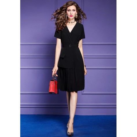 L351 Custom Made to order Polyester V-Neck Asymmetrical Pleated A-Line Dress Regular Size XS S M L XL & Plus size 1x-10x (SZ16-52)