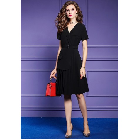 L351 Custom Made to order Polyester V-Neck Asymmetrical Pleated A-Line Dress Regular Size XS S M L XL & Plus size 1x-10x (SZ16-52)