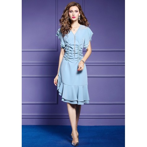 L353 Custom Made to order Chiffon Ruched Fishtail Ruffled Hem Dress Regular Size XS S M L XL & Plus size 1x-10x (SZ16-52)