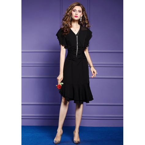 L353 Custom Made to order Chiffon Ruched Fishtail Ruffled Hem Dress Regular Size XS S M L XL & Plus size 1x-10x (SZ16-52)