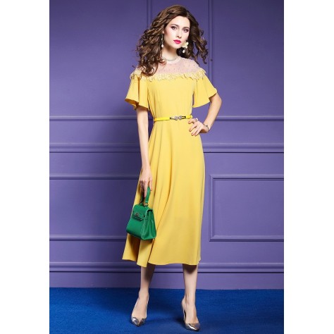 L356 Custom Made to order Polyester Crew Neck Ruffle A-Line Big Swing Dress Regular Size XS S M L XL & Plus size 1x-10x (SZ16-52)