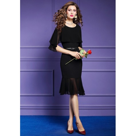 L361 Custom Made to order Chiffon Cape Sleeve Fishtail Hem Slim Dress Regular Size XS S M L XL & Plus size 1x-10x (SZ16-52)