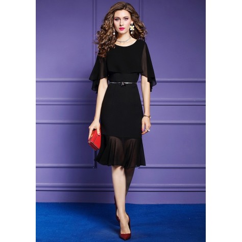 L361 Custom Made to order Chiffon Cape Sleeve Fishtail Hem Slim Dress Regular Size XS S M L XL & Plus size 1x-10x (SZ16-52)