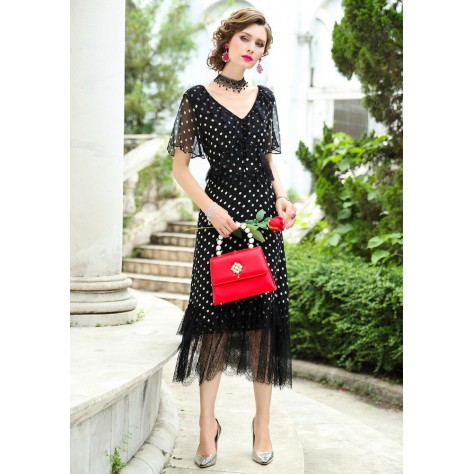 L363 Custom Made to order Chiffon/Lace V-Neck Lace patchwork Chiffon Party Dress Regular Size XS S M L XL & Plus size 1x-10x (SZ16-52)