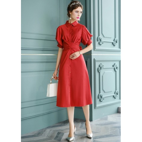 L365 Custom Made to order Spandex cotton Poplin Puff Sleeve Poplin A-Line Midi Shirt Dress Regular Size XS S M L XL & Plus size 1x-10x (SZ16-52)