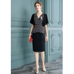 L367 Custom Made to order Polyester V-Neck Polka Dot Party Midi Sheath Dress Regular Size XS S M L XL & Plus size 1x-10x (SZ16-52)