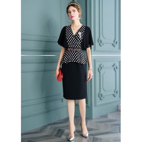 L367 Custom Made to order Polyester V-Neck Polka Dot Party Midi Sheath Dress Regular Size XS S M L XL & Plus size 1x-10x (SZ16-52)