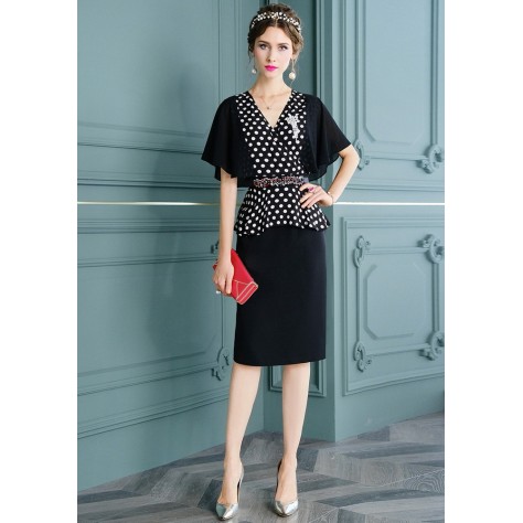 L367 Custom Made to order Polyester V-Neck Polka Dot Party Midi Sheath Dress Regular Size XS S M L XL & Plus size 1x-10x (SZ16-52)