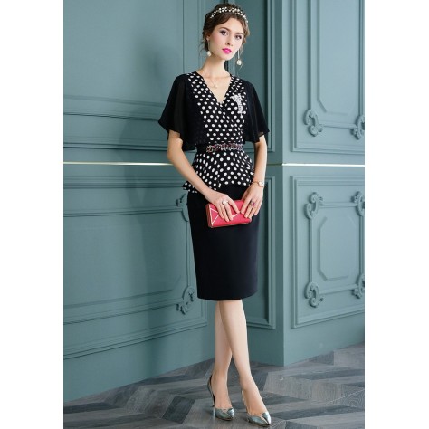 L367 Custom Made to order Polyester V-Neck Polka Dot Party Midi Sheath Dress Regular Size XS S M L XL & Plus size 1x-10x (SZ16-52)