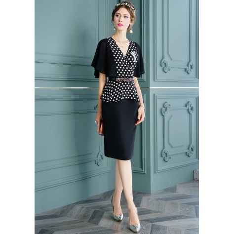 L367 Custom Made to order Polyester V-Neck Polka Dot Party Midi Sheath Dress Regular Size XS S M L XL & Plus size 1x-10x (SZ16-52)