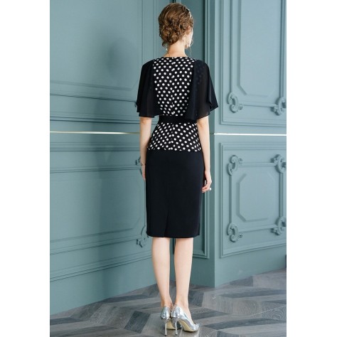 L367 Custom Made to order Polyester V-Neck Polka Dot Party Midi Sheath Dress Regular Size XS S M L XL & Plus size 1x-10x (SZ16-52)