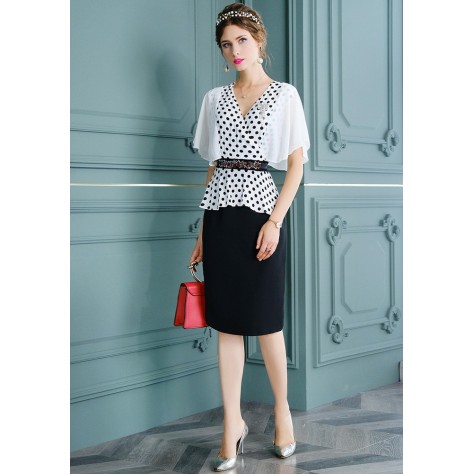 L367 Custom Made to order Polyester V-Neck Polka Dot Party Midi Sheath Dress Regular Size XS S M L XL & Plus size 1x-10x (SZ16-52)