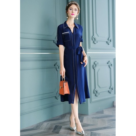 L368 Custom Made to order Polyester Tie-Waist  A-Line Midi Casual Shirt Dress Regular Size XS S M L XL & Plus size 1x-10x (SZ16-52)