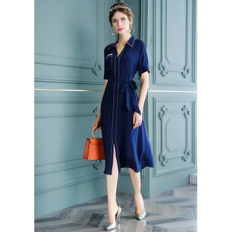 L368 Custom Made to order Polyester Tie-Waist  A-Line Midi Casual Shirt Dress Regular Size XS S M L XL & Plus size 1x-10x (SZ16-52)