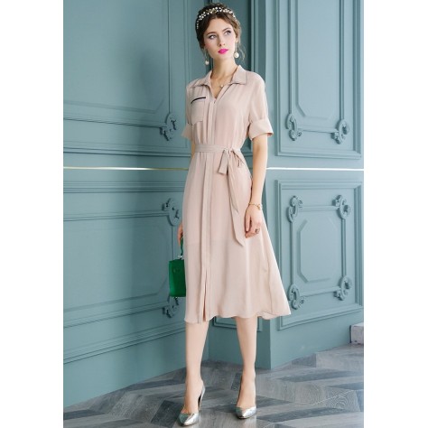 L368 Custom Made to order Polyester Tie-Waist  A-Line Midi Casual Shirt Dress Regular Size XS S M L XL & Plus size 1x-10x (SZ16-52)