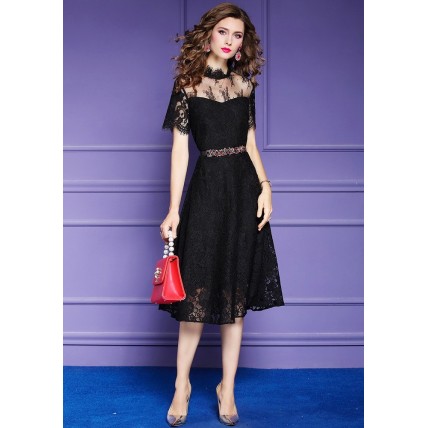 L369 Custom Made to order Lace Stand Collar Sheer Lace Swing Party Dress Regular Size XS S M L XL & Plus size 1x-10x (SZ16-52)