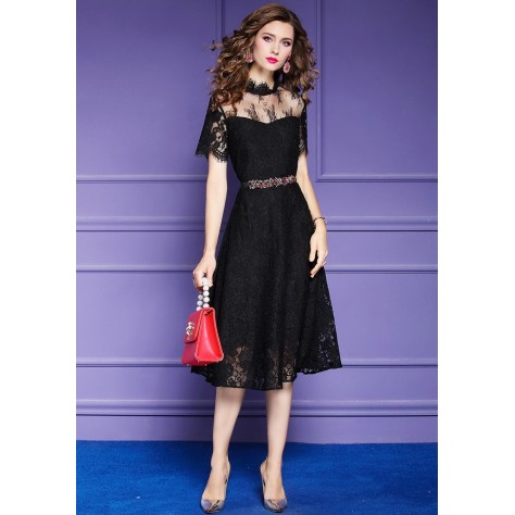 L369 Custom Made to order Lace Stand Collar Sheer Lace Swing Party Dress Regular Size XS S M L XL & Plus size 1x-10x (SZ16-52)