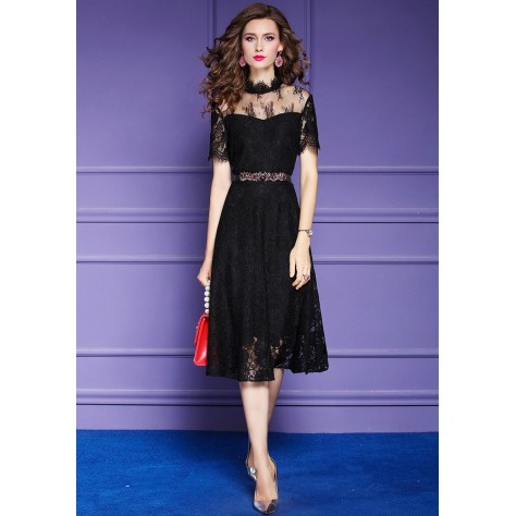 L369 Custom Made to order Lace Stand Collar Sheer Lace Swing Party Dress Regular Size XS S M L XL & Plus size 1x-10x (SZ16-52)