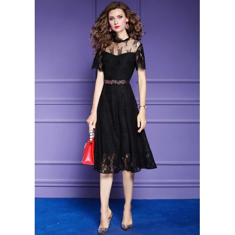 L369 Custom Made to order Lace Stand Collar Sheer Lace Swing Party Dress Regular Size XS S M L XL & Plus size 1x-10x (SZ16-52)