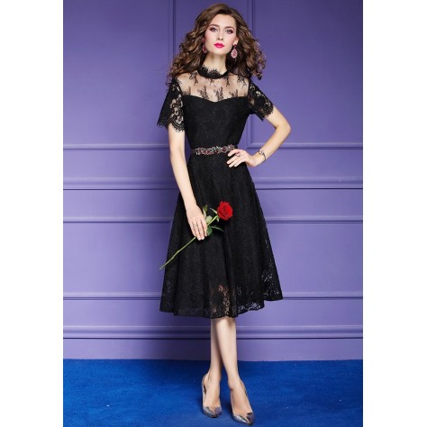 L369 Custom Made to order Lace Stand Collar Sheer Lace Swing Party Dress Regular Size XS S M L XL & Plus size 1x-10x (SZ16-52)