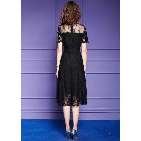 L369 Custom Made to order Lace Stand Collar Sheer Lace Swing Party Dress Regular Size XS S M L XL & Plus size 1x-10x (SZ16-52)