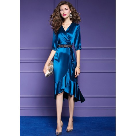 L372 Custom Made to order Satin Half Sleeve V-Neck Cocktail Ruffle Dress Regular Size XS S M L XL & Plus size 1x-10x (SZ16-52)